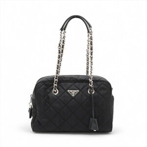 Prada Tessuto Impuntu Nylon Leather Chain Shoulder Bag Black